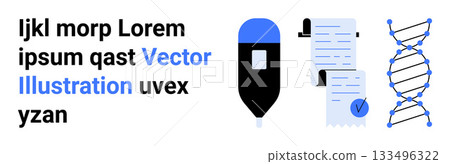Pipette and documents with blue checkmark, representation of DNA double helix, text block. Ideal for scientific research, medical studies, biotechnology, education, laboratory materials, genetic 133496322
