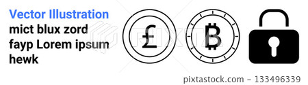 Three black and white icons include pound currency, bitcoin symbol, and a security lock. Ideal for financial services, cryptocurrency platforms, digital security, online banking, fintech Three black and white icons include pound currency, bitcoin symbol, and a security lock. Ideal for financial services, cryptocurrency platforms, digital security, online banking, fintech 133496339