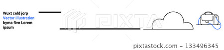 Minimalist setup with cloud and headset, blue wire connections, black horizontal lines and placeholder text. Ideal for technology, data storage, networking, cloud services, communication, IT support 133496345