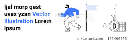 Man running towards a flag and Bitcoin symbol next to text blocks. Ideal for financial themes, cryptocurrency education, fintech apps, motivational posters, business presentations, website design Man running towards a flag and Bitcoin symbol next to text blocks. Ideal for financial themes, cryptocurrency education, fintech apps, motivational posters, business presentations, website design 133496353