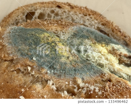 Mold growth on brown bread surface with visible spores, suitable for food safety background 133496462