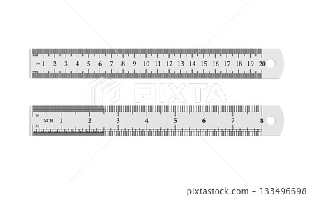 Metal ruler 20 cm with millimeter and centimeter, 8 inch length, scale on white background 133496698