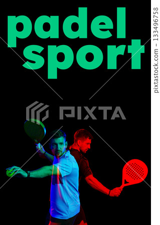 Padel players demonstrating skills with rackets and balls in high-energy sport session 133496758