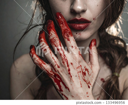 Woman with bloody hands and red lips Woman with bloody hands and red lips 133496956