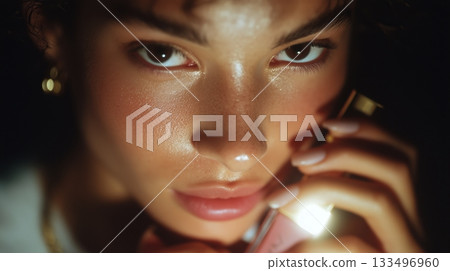 Close-up of a young woman speaking on a phone with a focused expression at night Close-up of a young woman speaking on a phone with a focused expression at night 133496960