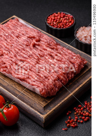 Raw ground beef or pork, fresh meat for burgers or other dishes. Raw beef minced meat 133496980