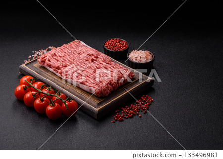 Raw ground beef or pork, fresh meat for burgers or other dishes. Raw beef minced meat 133496981