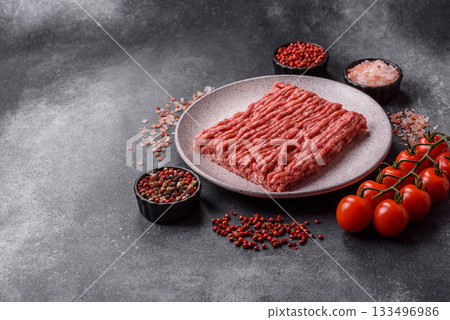 Raw ground beef or pork, fresh meat for burgers or other dishes. Raw beef minced meat Raw ground beef or pork, fresh meat for burgers or other dishes. Raw beef minced meat 133496986