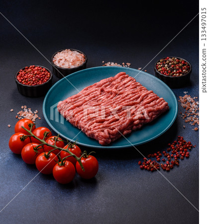 Raw ground beef or pork, fresh meat for burgers or other dishes. Raw beef minced meat 133497015