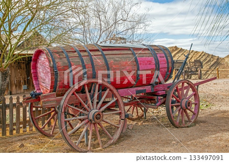Old Red Wooden Water Wagon in Western Ghost Town Old Red Wooden Water Wagon in Western Ghost Town 133497091