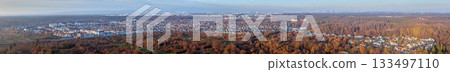 Drone panorama showing Frankfurt skyline and Taunus mountains 133497110