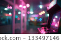 Bright neon lights create a nostalgic arcade atmosphere in the evening 133497146