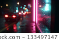 Nighttime city street illuminated by neon lights and reflections in rainy weather 133497147