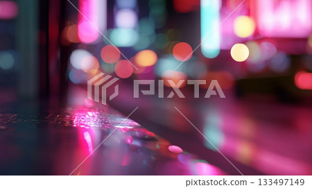 Colorful reflections and blurred lights create a vibrant street scene at night Colorful reflections and blurred lights create a vibrant street scene at night 133497149