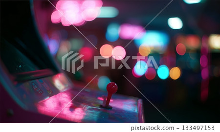 Neon lights glow on an arcade gaming machine in a vibrant entertainment space Neon lights glow on an arcade gaming machine in a vibrant entertainment space 133497153