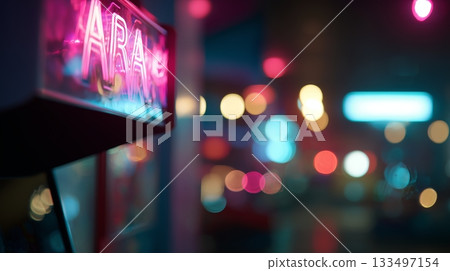 Neon sign illuminates street scene at night with colorful bokeh lights Neon sign illuminates street scene at night with colorful bokeh lights 133497154