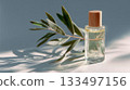 Natural oil with wooden cap and olive branch on sunlit surface 133497156