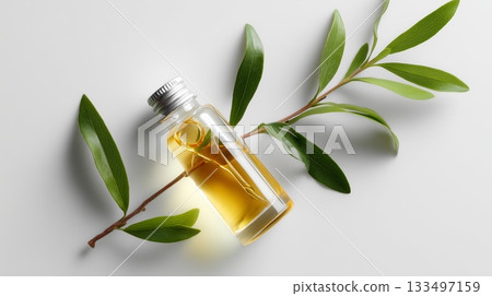 Bottle of essential oil next to green leaves on a light surface in a calming setting Bottle of essential oil next to green leaves on a light surface in a calming setting 133497159