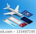 Airplane model, airline tickets, and passport 133497195