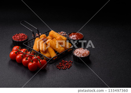 Mozzarella cheese sticks, crispy nutritious fast food. Cheese sticks as food background 133497360