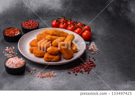 Chicken nugget with sauce, crispy nutritious fast food. Chicken nugget Chicken nugget with sauce, crispy nutritious fast food. Chicken nugget 133497425