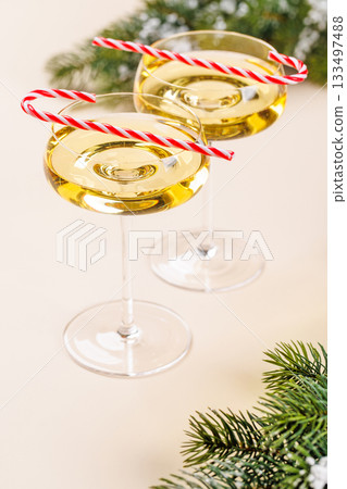 Champagne glasses and snowy fir branches 133497488