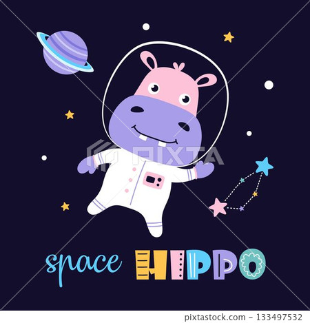 poster with cute hippo astronaut poster with cute hippo astronaut 133497532