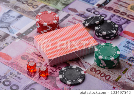 Casino and gambling in Thailand, risk to win or lose money. Betting chips as a background 133497543