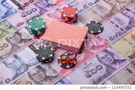 Casino and gambling in Thailand, risk to win or lose money. Betting chips as a background 133497551