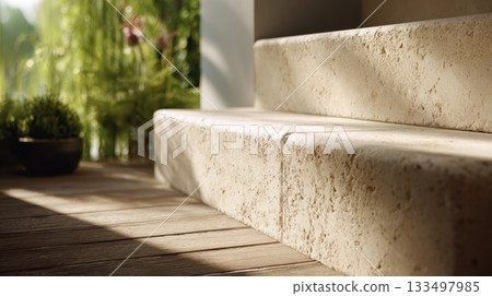 Beautiful stone steps leading to a serene garden 133497985