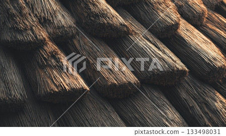 Roofing material made from natural fibers at sunset Roofing material made from natural fibers at sunset 133498031