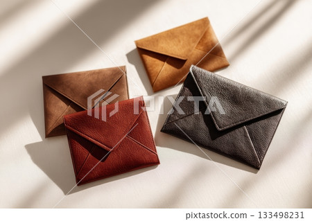 Stylish leather envelopes arranged on a light surface Stylish leather envelopes arranged on a light surface 133498231