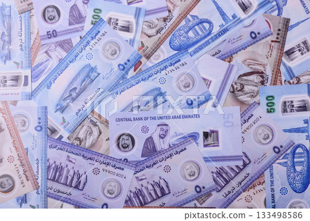 UAE money, dirhams, cash arabic banknotes for financial and business processes. Emirates cash 133498586