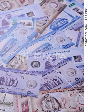 UAE money, dirhams, cash arabic banknotes for financial and business processes. Emirates cash 133498588