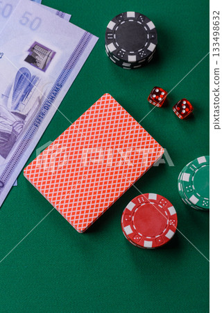 Casino game in the United Arab Emirates, dirham, chips, cards. Gambling in casinos in the Emirates 133498632