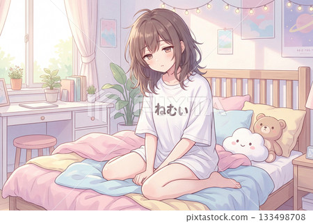 A sleepy girl and a cute bedroom interior (anime-style illustration) 133498708