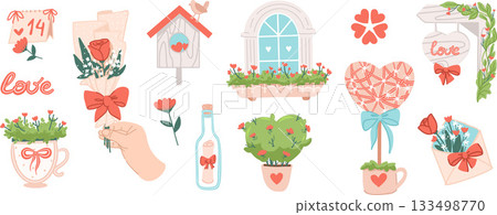 Lovely Valentines Day set with bottle, envelope, flower, and balcony decor 133498770