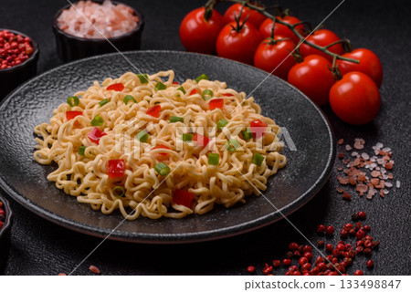 Asian food, chinese or thai rice noodles with vegetables and meat. Rice noodles 133498847