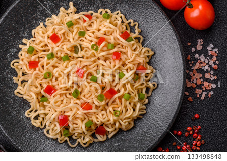 Asian food, chinese or thai rice noodles with vegetables and meat. Rice noodles 133498848