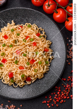 Asian food, chinese or thai rice noodles with vegetables and meat. Rice noodles 133498849