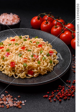 Asian food, chinese or thai rice noodles with vegetables and meat. Rice noodles Asian food, chinese or thai rice noodles with vegetables and meat. Rice noodles 133498850