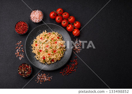 Asian food, chinese or thai rice noodles with vegetables and meat. Rice noodles Asian food, chinese or thai rice noodles with vegetables and meat. Rice noodles 133498852