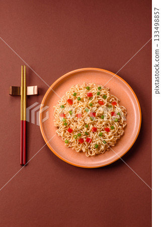 Asian food, chinese or thai rice noodles with vegetables and meat. Rice noodles Asian food, chinese or thai rice noodles with vegetables and meat. Rice noodles 133498857
