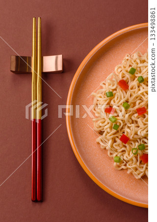 Asian food, chinese or thai rice noodles with vegetables and meat. Rice noodles Asian food, chinese or thai rice noodles with vegetables and meat. Rice noodles 133498861