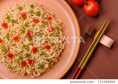 Asian food, chinese or thai rice noodles with vegetables and meat. Rice noodles Asian food, chinese or thai rice noodles with vegetables and meat. Rice noodles 133498864