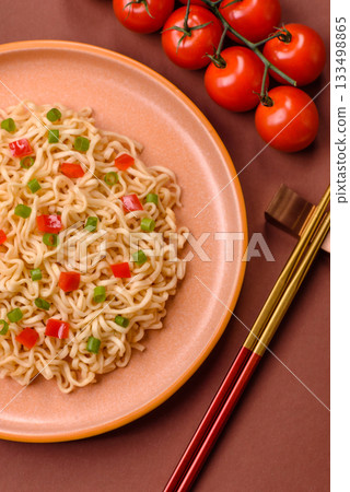 Asian food, chinese or thai rice noodles with vegetables and meat. Rice noodles Asian food, chinese or thai rice noodles with vegetables and meat. Rice noodles 133498865