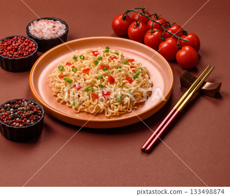 Asian food, chinese or thai rice noodles with vegetables and meat. Rice noodles 133498874