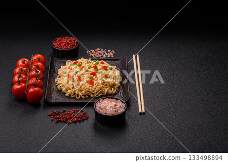 Asian food, chinese or thai rice noodles with vegetables and meat. Rice noodles 133498894