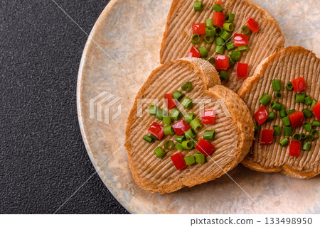 Vegan sandwiches with bread, mushroom or bean pate and vegetables. Vegetarian pate sandwiches 133498950