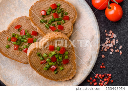Vegan sandwiches with bread, mushroom or bean pate and vegetables. Vegetarian pate sandwiches 133498954